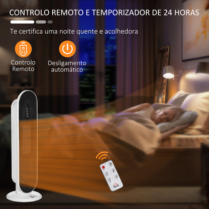 HOMCOM Aquecedor Cerâmico de Torre 1200W/2000W com Controle Remoto Termostato Temporizador de 24h e Sistema Anti-Rolamento para Sala de 20m² 21x21x63,5cm Branco e Preto