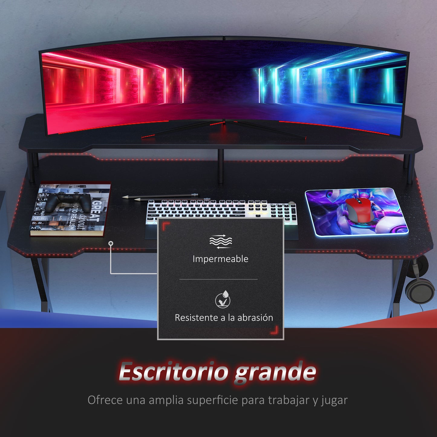 HOMCOM Mesa gaming para jogos secretária com suporte para monitor e fones de ouvido 140x60x90 cm Preto