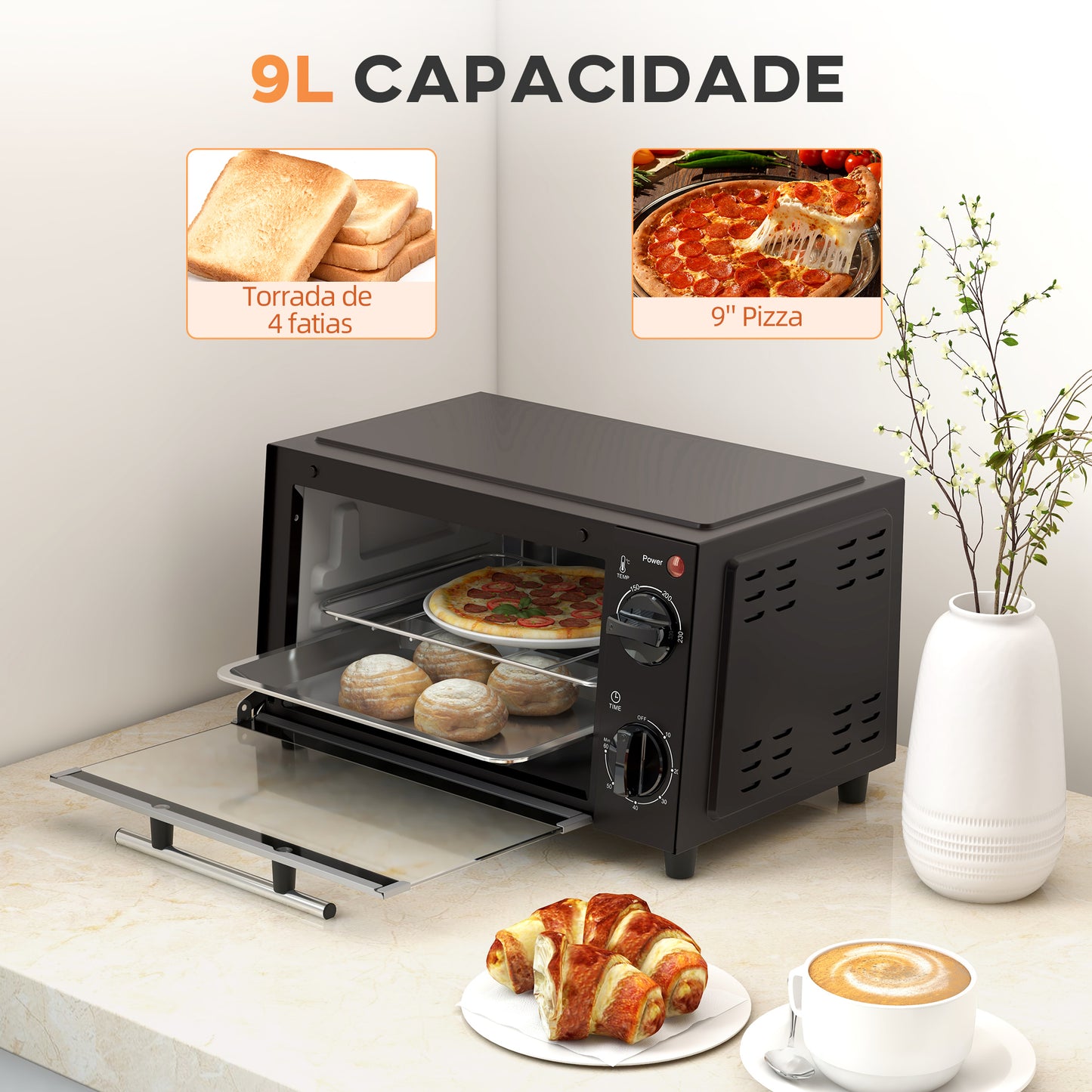 HOMCOM Mini Forno Elétrico 9L Forno Elétrico de Bancada 750W com Temperatura Ajustável até 230°C Temporizador 60 min e Bandeja para Assar Grelha 35x24,6x20 cm Preto