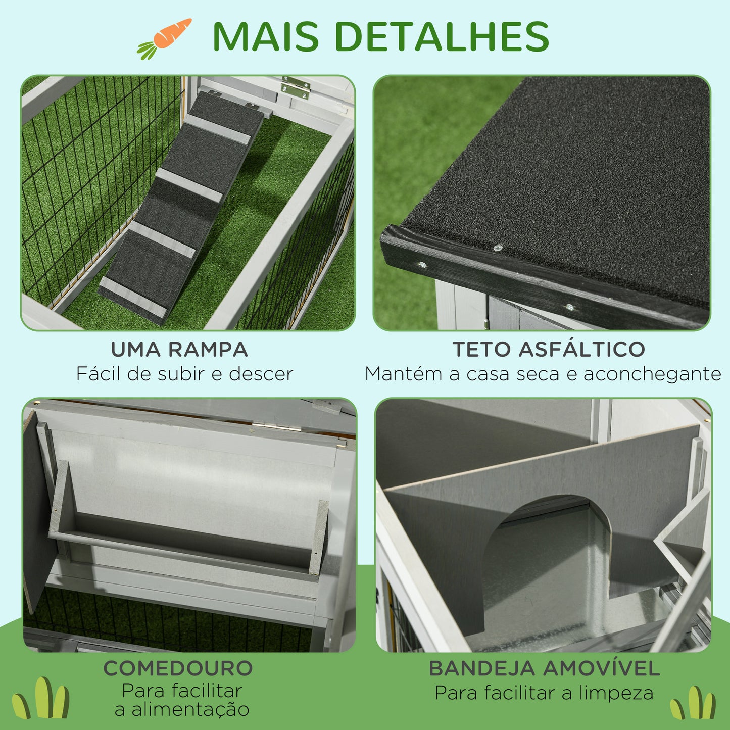 PawHut Coelheira Exterior de Madeira 150x52x68 cm Gaiola para 1-2 Coelhos com Teto Asfáltico Abatível Bandeja Amovível e Rampa Cinza