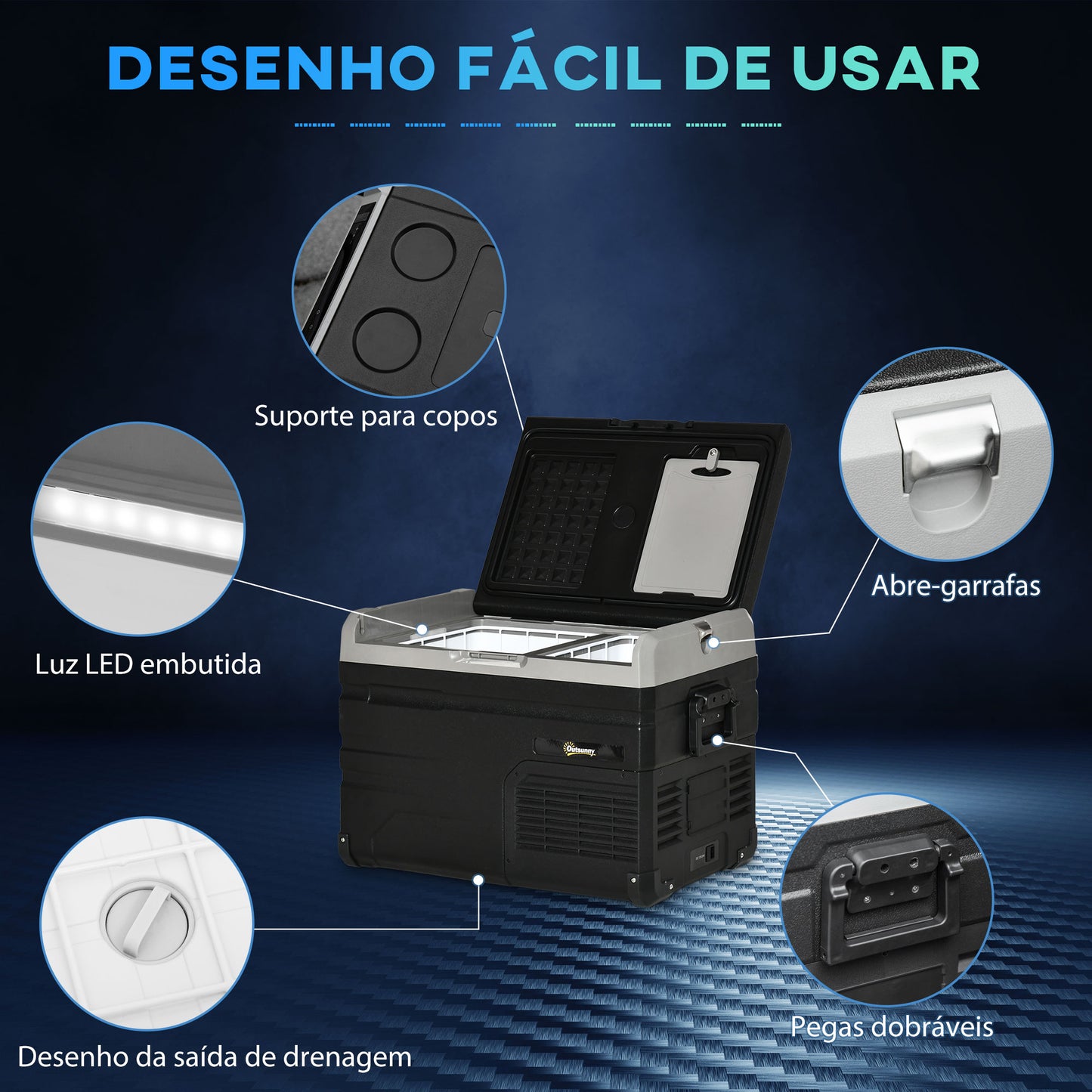 Outsunny Geleira Elétrica de Compressor Portátil 35L Geleira de Carro CC 127/24V até -20℃ com Ecrã LED Tátil e 2 Alças Laterais 60x40x44cm Preto