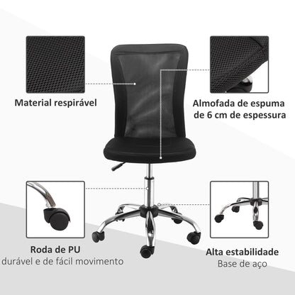 Vinsetto Cadeira de Escritório de Malha Cadeira de Escritório Giratória sem Apoio para os Braços com Altura Ajustável Carga Máxima 100 kg para Escritório Dormitório 43x58x90-100 cm Preto