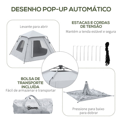 Outsunny Tenda de Campismo para 2-3 Pessoas Tenda de Campismo Impermeável PU2000 mm Proteção UV50+ com Bolsa de Transporte 210x210x150 cm Prata