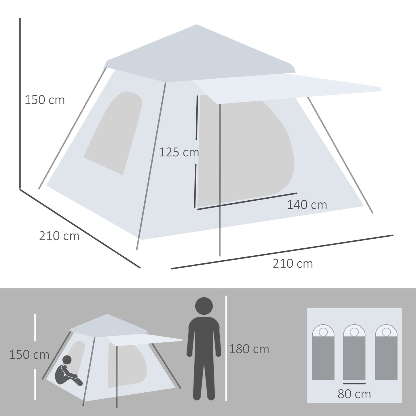 Outsunny Tenda de Campismo para 2-3 Pessoas Tenda de Campismo Impermeável PU2000 mm Proteção UV50+ com Bolsa de Transporte 210x210x150 cm Prata