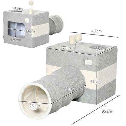 PawHut Túnel para Gatos com Caverna Túnel para Animais de Estimação com Orifício Superior Porta Dianteira Poste de Sisal e Bola Suspensa 48x95x58cm Cinza