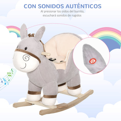 Baloiço Infantil em Forma de Burro de Pelúcia para Bebés 18-36 Meses com Som Cinto de Segurança Guidão Apoio para os Pés 61x34x58 cm Cinza