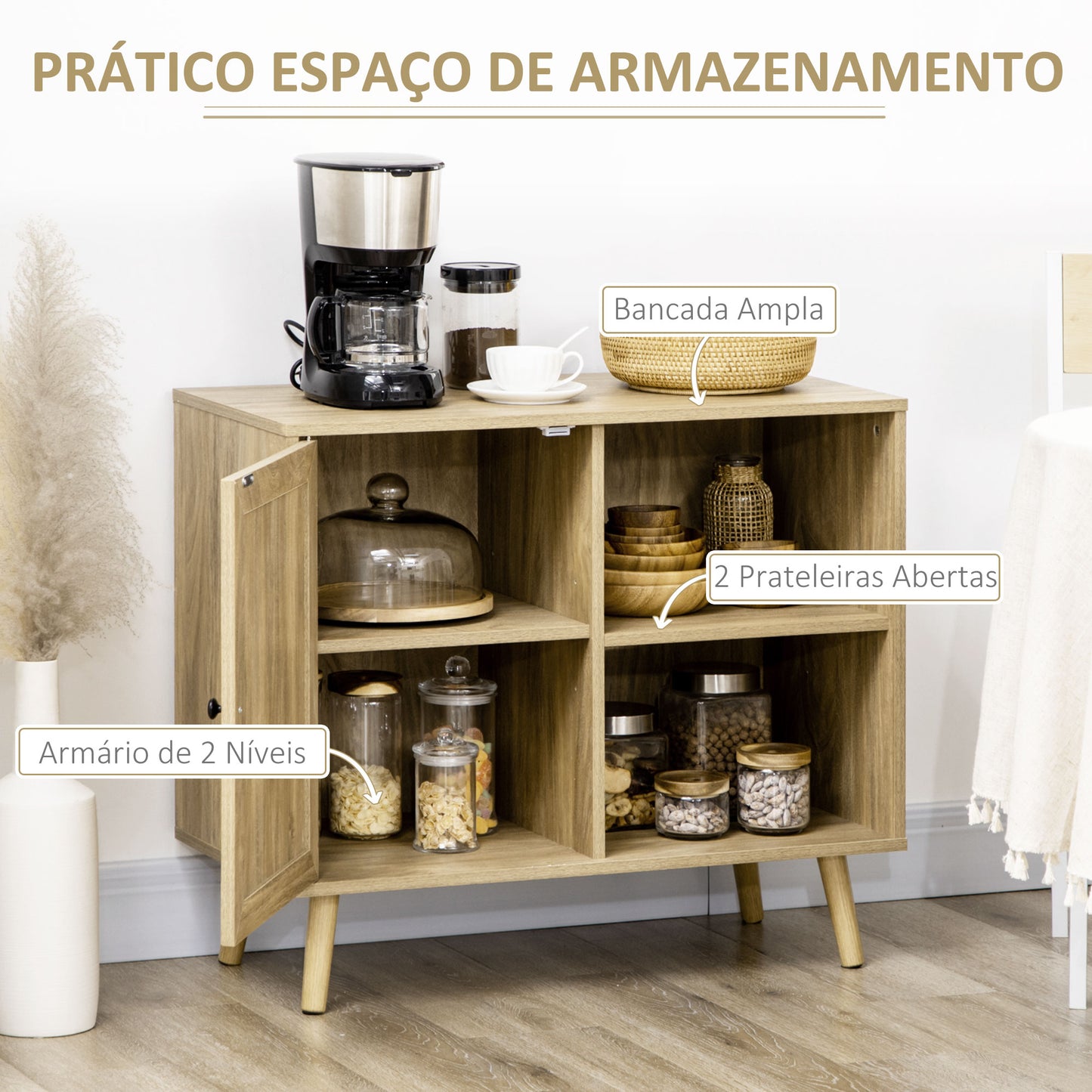 HOMCOM Aparador de Sala de Estar Buffet para Sala de Jantar Móvel Auxiliar de Cozinha com Porta de Vime e 2 Prateleiras de Armazenamento para Sala de Estar 80x39x70cm Madeira