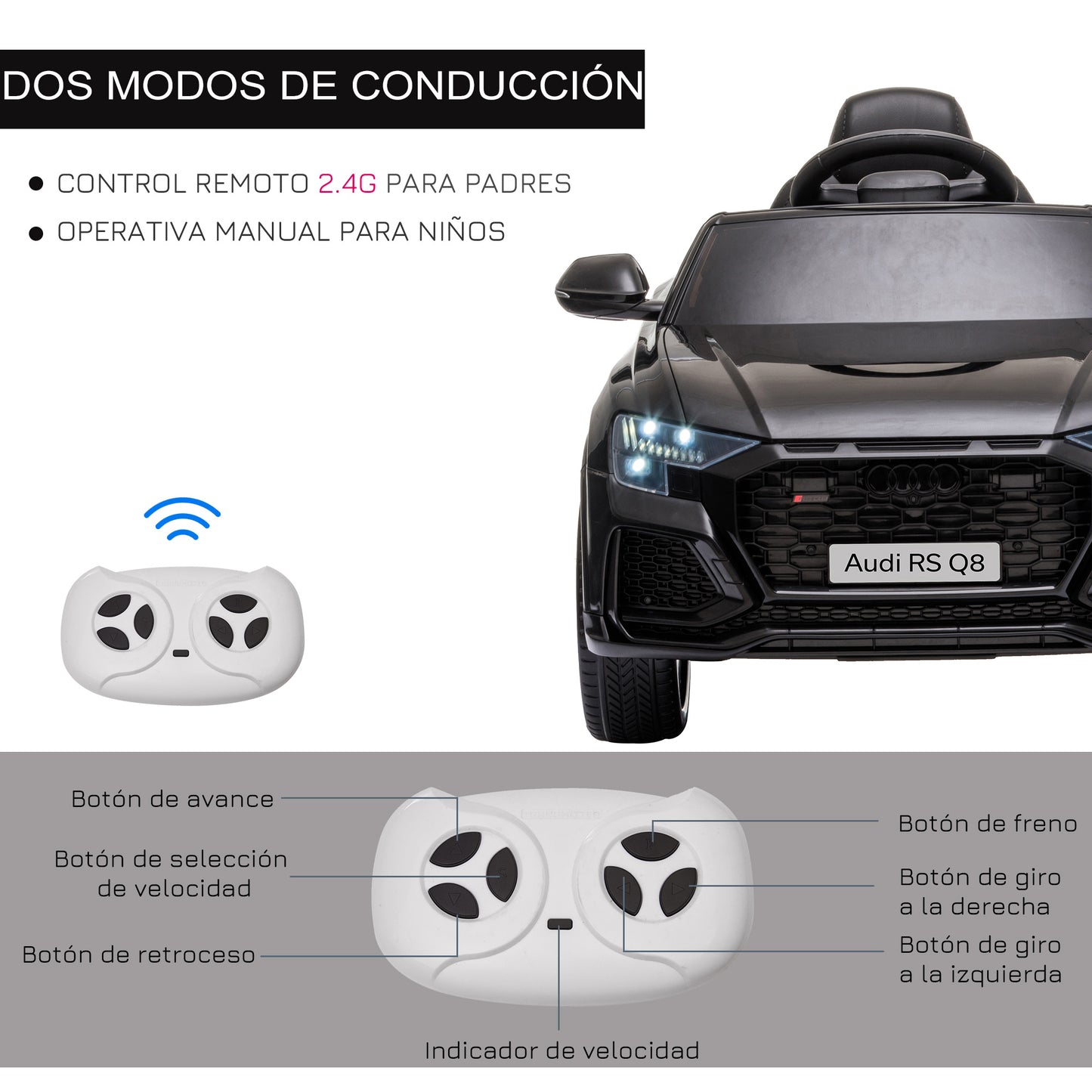 HOMCOM Carro Elétrico Infantil acima de 3 anos Licença Audi RS Q8 com Bateria 6V Controle a Distância Música MP3 Buzina e Luzes Velocidade Máx. 3km/h 101x62x51cm Preto