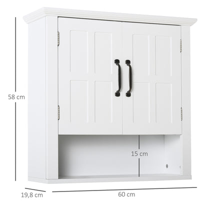 Armário de Parede para Casa de Banho Móvel Suspenso para Casa de Banho com 2 Portas e Prateleira Ajustável e Armazenamento Aberto 60x19,8x58 cm Branco