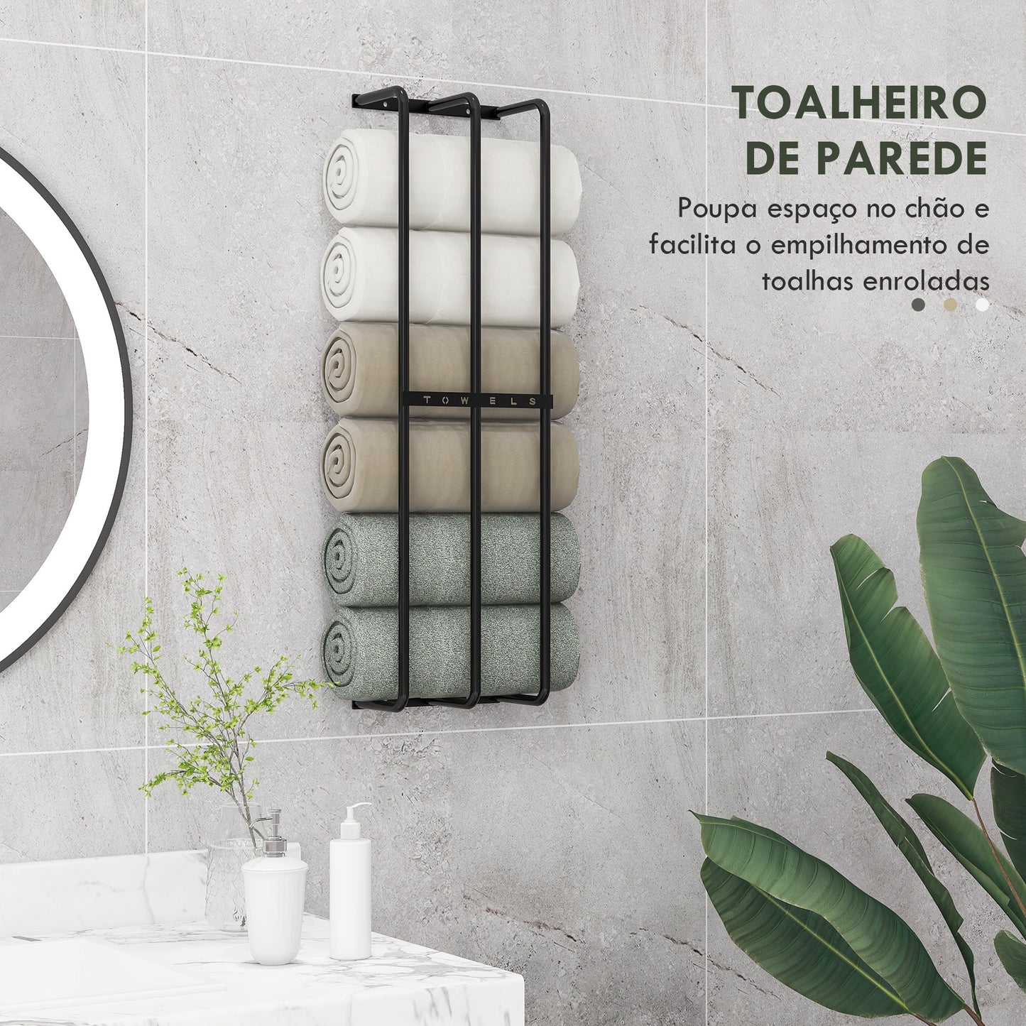 HOMCOM Toalheiro de Casa de Banho Toalheiro de Parede com 3 Barras e Estrutura de Metal Suporte para Toalhas 21x12x74 cm Preto