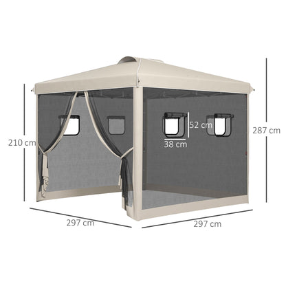 Outsunny Tenda Dobrável 3x3 m Tenda de Jardim com Parede Lateral de Malha 6 Janelas Altura Ajustável em 3 Níveis Proteção UV30+ e Impermeável para Campismo Festas Bege