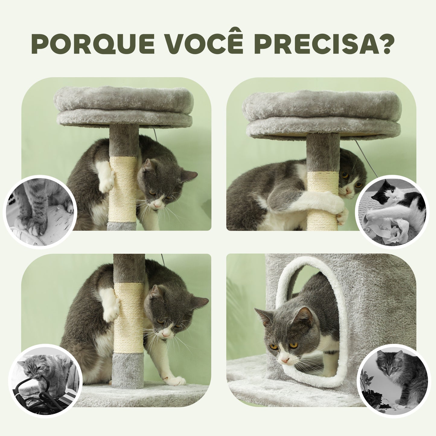 PawHut Arranhador para Gatos 110 cm Arranhador para Gatos Torre para Gatos com Ninho Caverna Plataforma Arranhador Bola Suspensa Cinza Claro