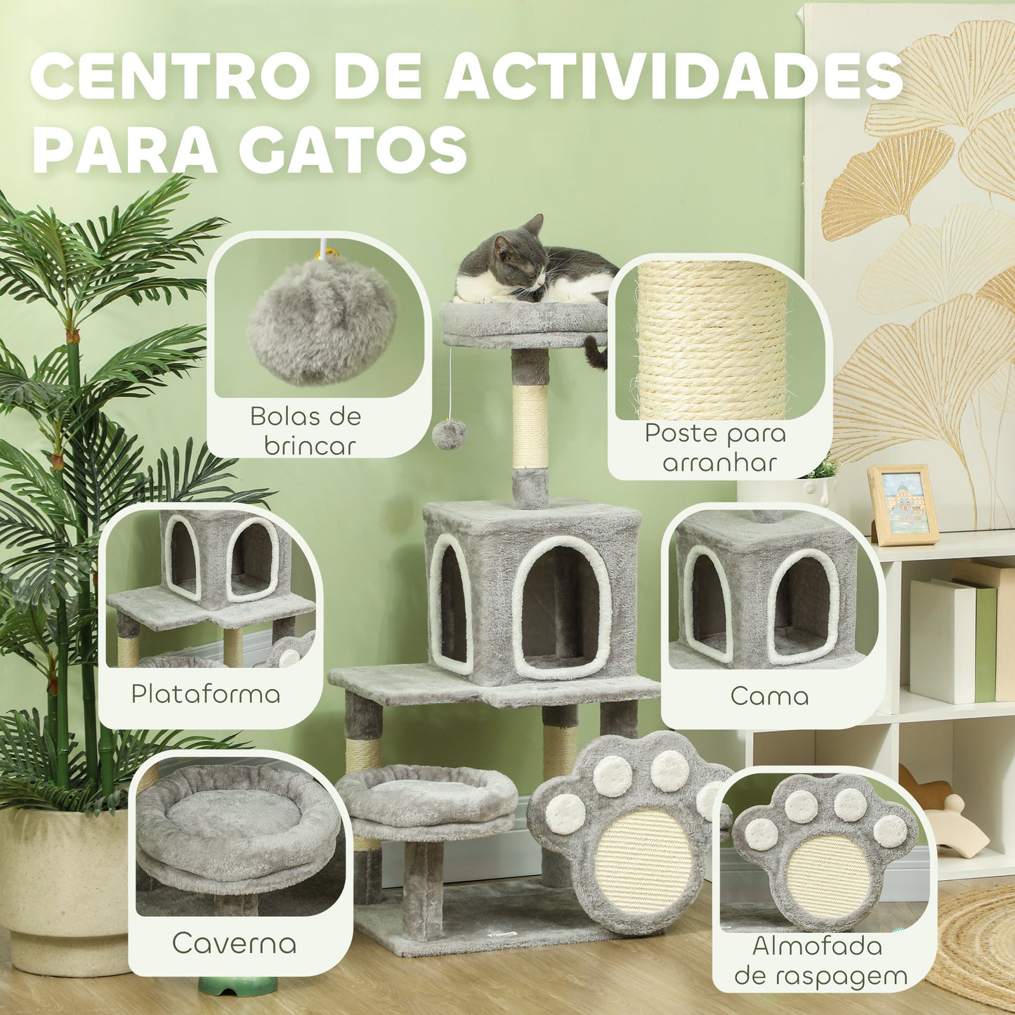 PawHut Arranhador para Gatos 110 cm Arranhador para Gatos Torre para Gatos com Ninho Caverna Plataforma Arranhador Bola Suspensa Cinza Claro