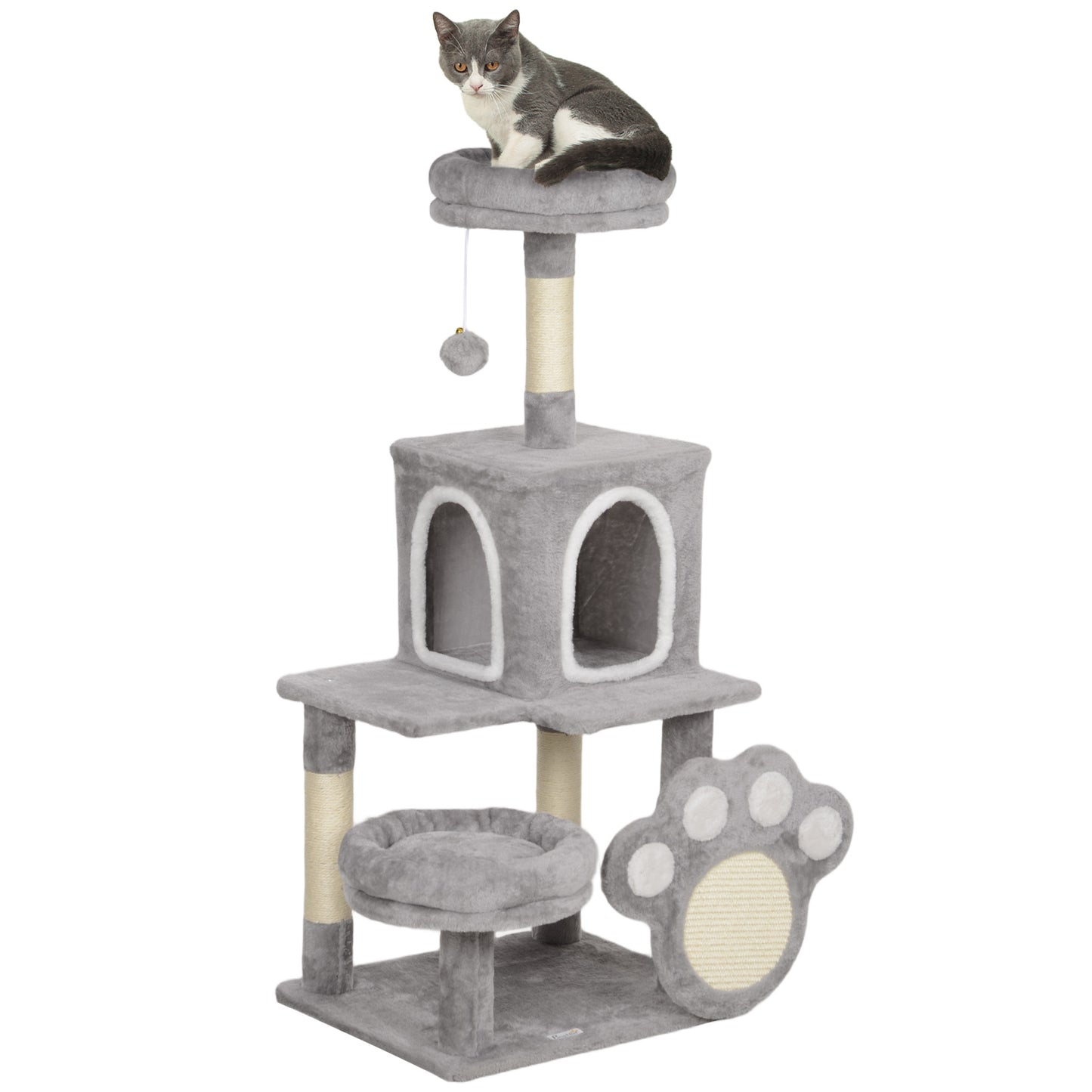 PawHut Arranhador para Gatos 110 cm Arranhador para Gatos Torre para Gatos com Ninho Caverna Plataforma Arranhador Bola Suspensa Cinza Claro