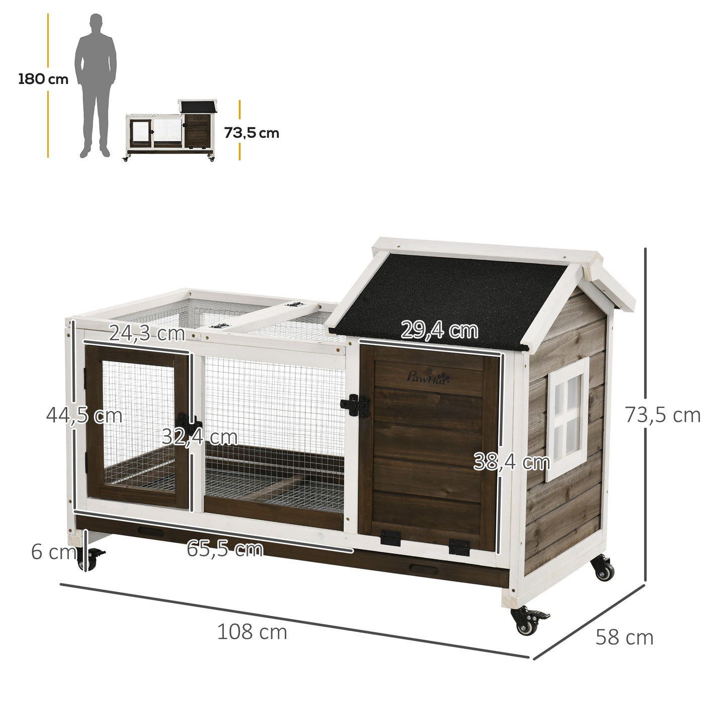 PawHut Coelheira de Madeira com Rodas 108x58x73,5cm Gaiola para 1-2 Coelhos com Teto Abatível Cerca Metálica Bandeja Amovível Portas com Trava e Rampa Marrom Café e Branco