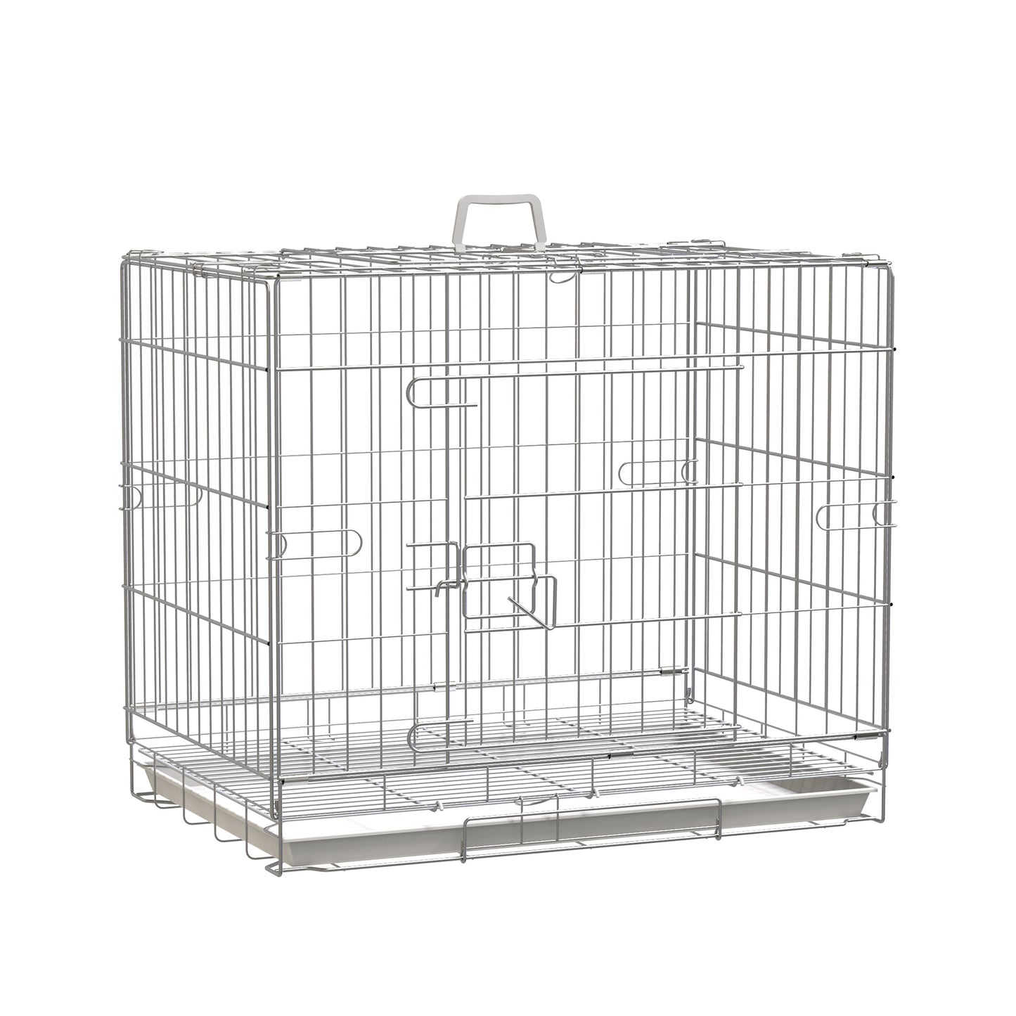 PawHut Gaiola Dobrável para Cães Gaiola Metálica 61x43x50cm Gaiola de Metal para Cães com Bandeja Amovível com Travão Prata e Branco