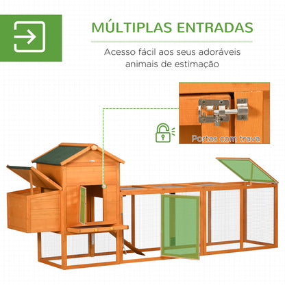 PawHut Galinheiro de Madeira 297,5x68x118cm Galinheiro Grande para 3-6 Galinhas com Teto Asfáltico Cercado de Metal Porta com Trava Caixa Ninho Bandeja Amovível e Rampa Madeira