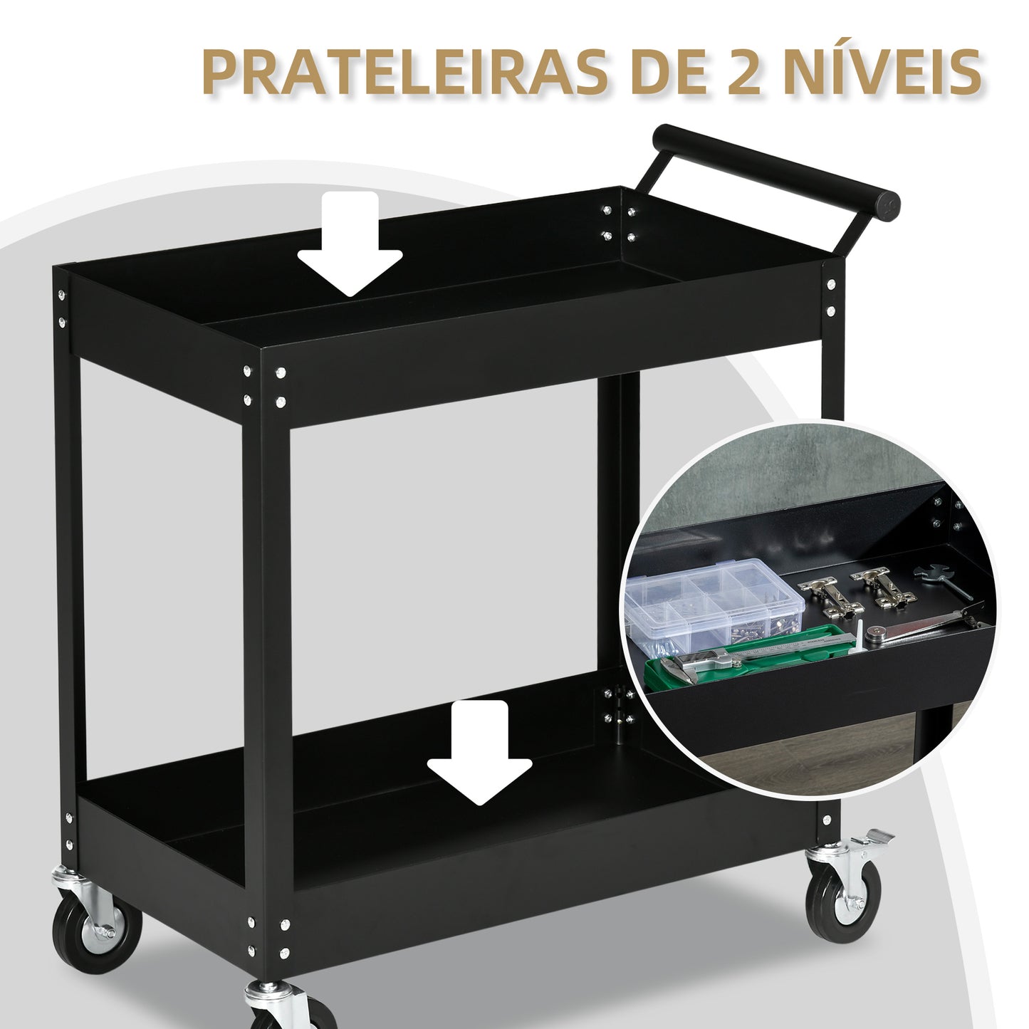 DURHAND Carrinho de Ferramentas de 2 Níveis Carro de de Ferramentas com Rodas para Garagem Oficina Mecânica Carga Máxima 150 kg 84,5x38x84 cm Preto