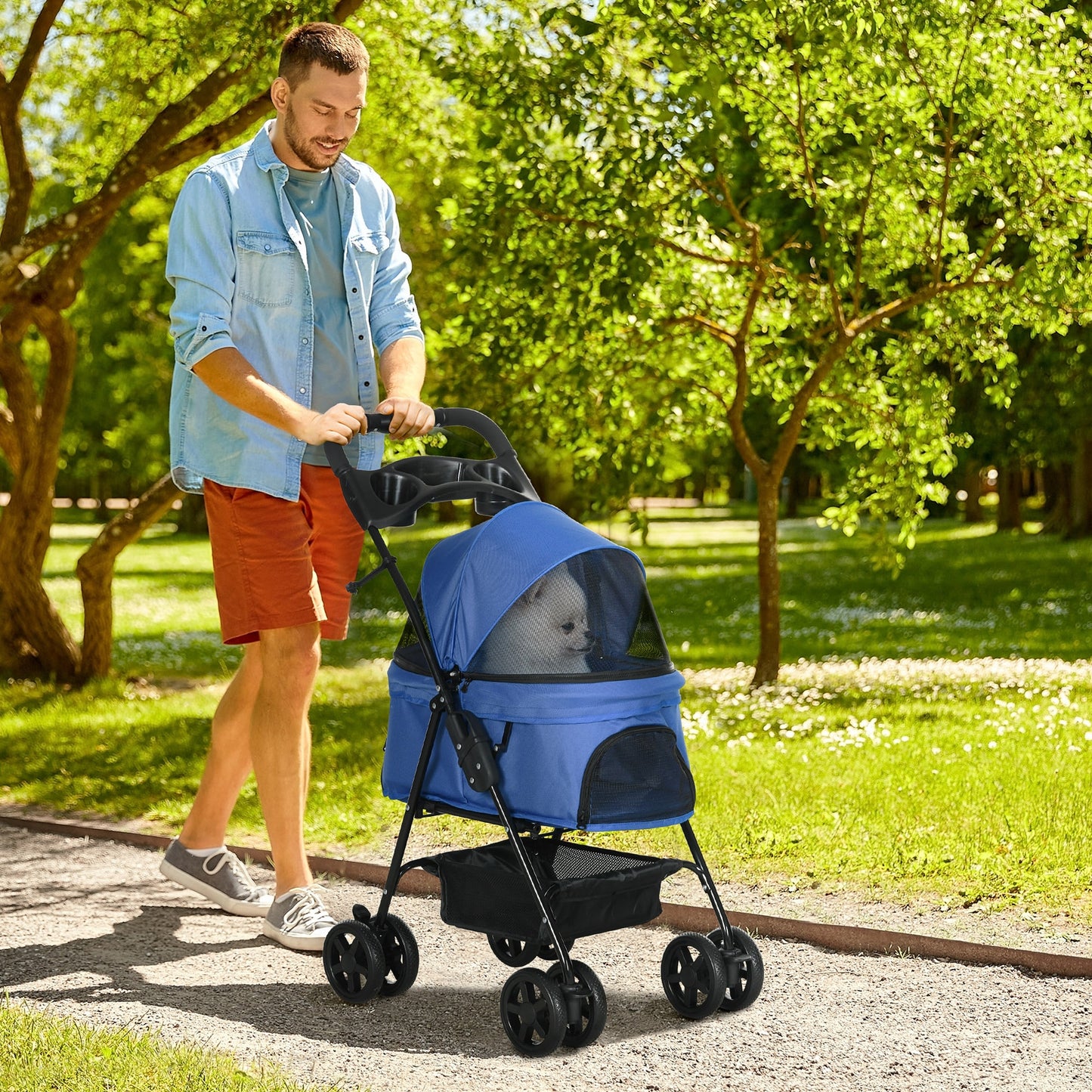 PawHut Carrinho dobrável para animais de estimação, desmontável para cães de aço Oxford rodas giratórias freios janela 67x45x96 cm azul