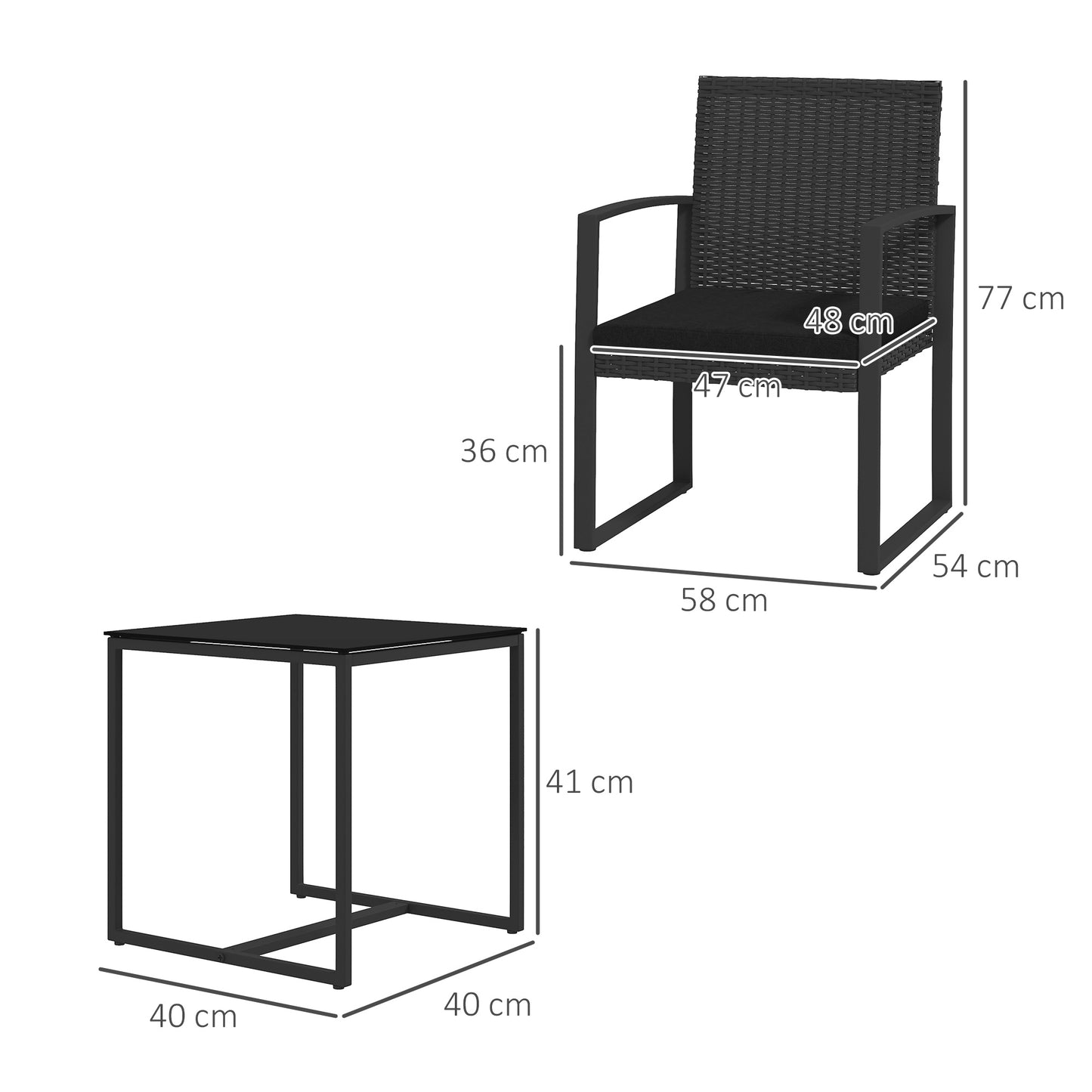 Outsunny Conjunto de Móveis de Jardim de Vime Sintético Conjunto de 1 Mesa e 2 Cadeiras de Varanda com Almofadas e Apoio para os Braços para Pátio Preto