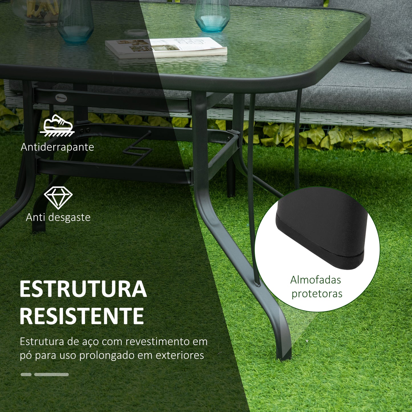 Outsunny Mesa de Cristal de Jardim com Orifício para Chapéu de Sol Mesa Quadrada de Exterior Terraço Varanda com Estrutura de Aço 106,5x106,5x71cm Transparente e Preto