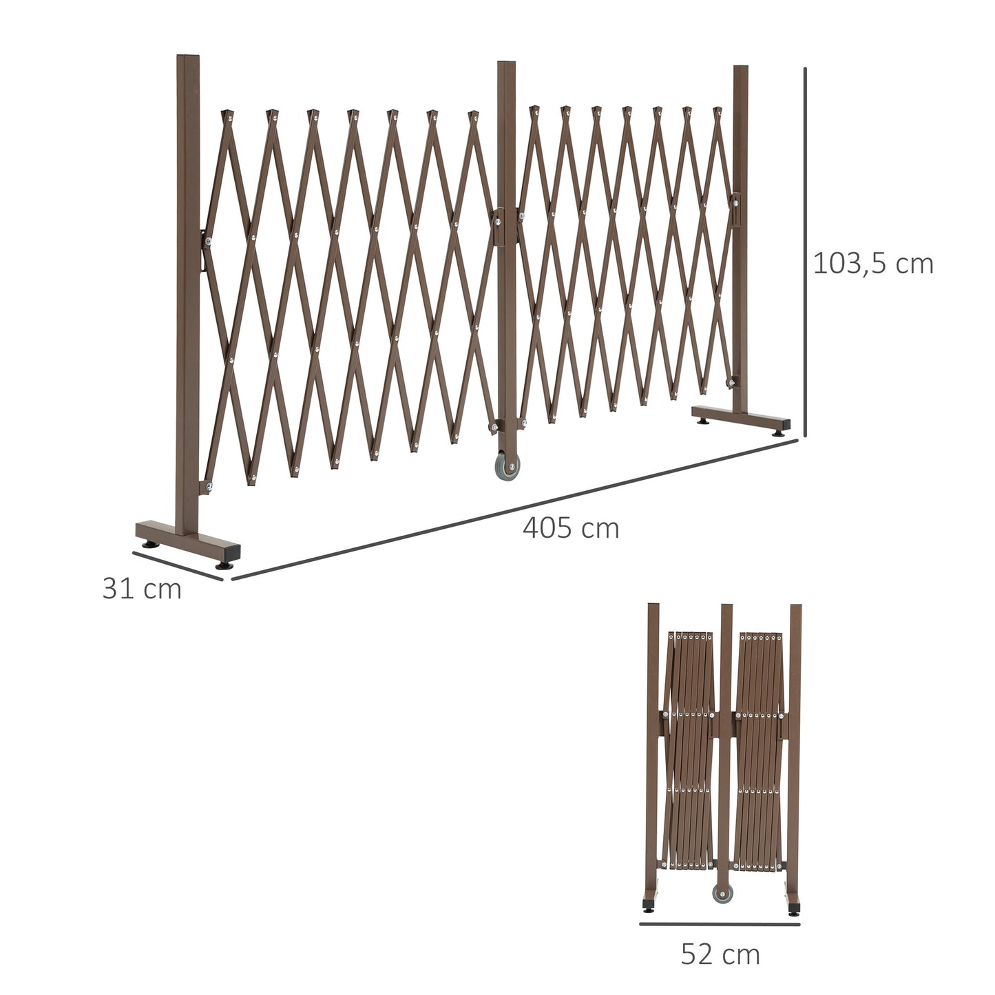 Outsunny Cerca de Jardim Exterior de Liga de Alumínio Vedação Metálica Extensível com Rodas para Decoração Varanda Pátio 405x31x103,5 cm Marrom Escuro