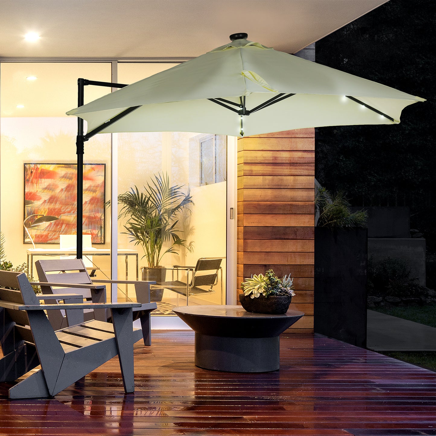 Outsunny Chapéu de Sol Excêntrico Ø256x248 cm com Luzes LED Solar Mastro Giratório 360° Chapéu de Sol de Exterior com Manivela Manual e Ventilação Superior Bege