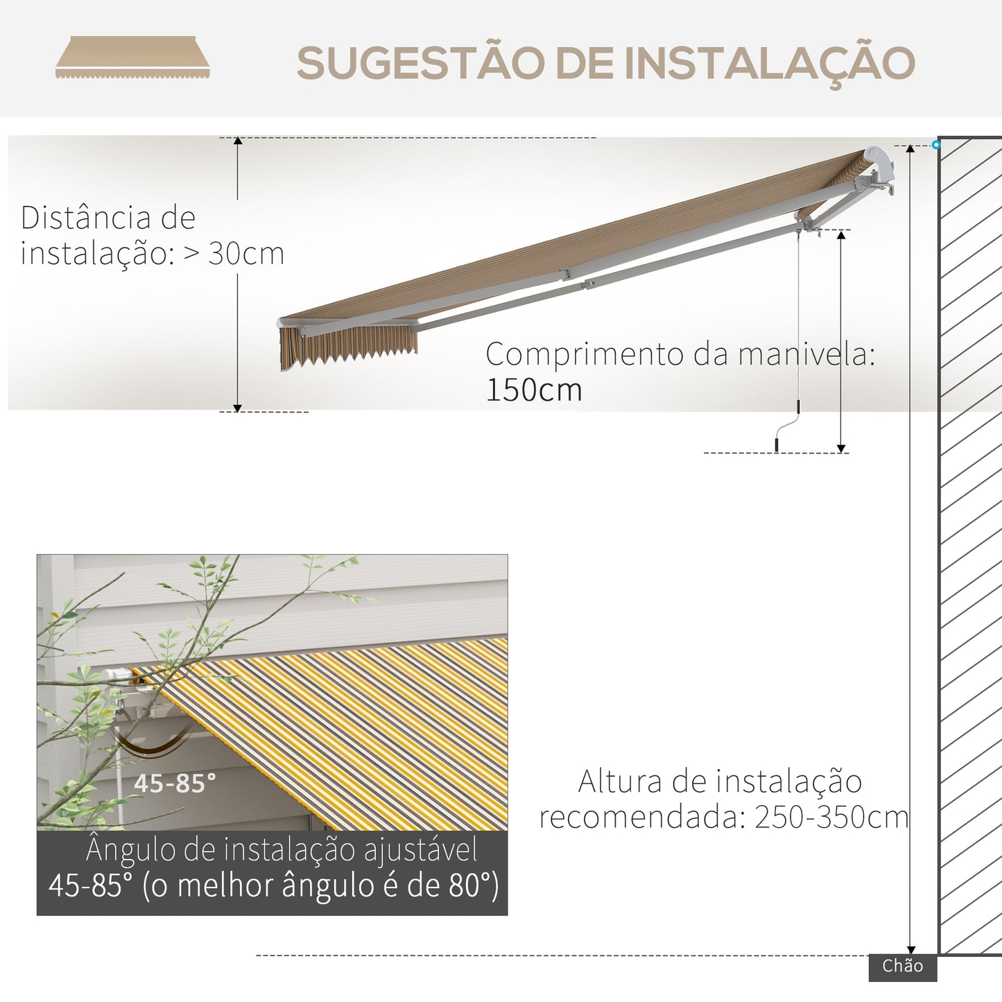 Outsunny Toldo Manual Retrátil 350x250 cm Toldo para Varanda com Manivela de Metal Impermeável e Anti-UV Toldo Enrolável de Exterior para Jardim Terraço Janelas Cinza e Amarelo