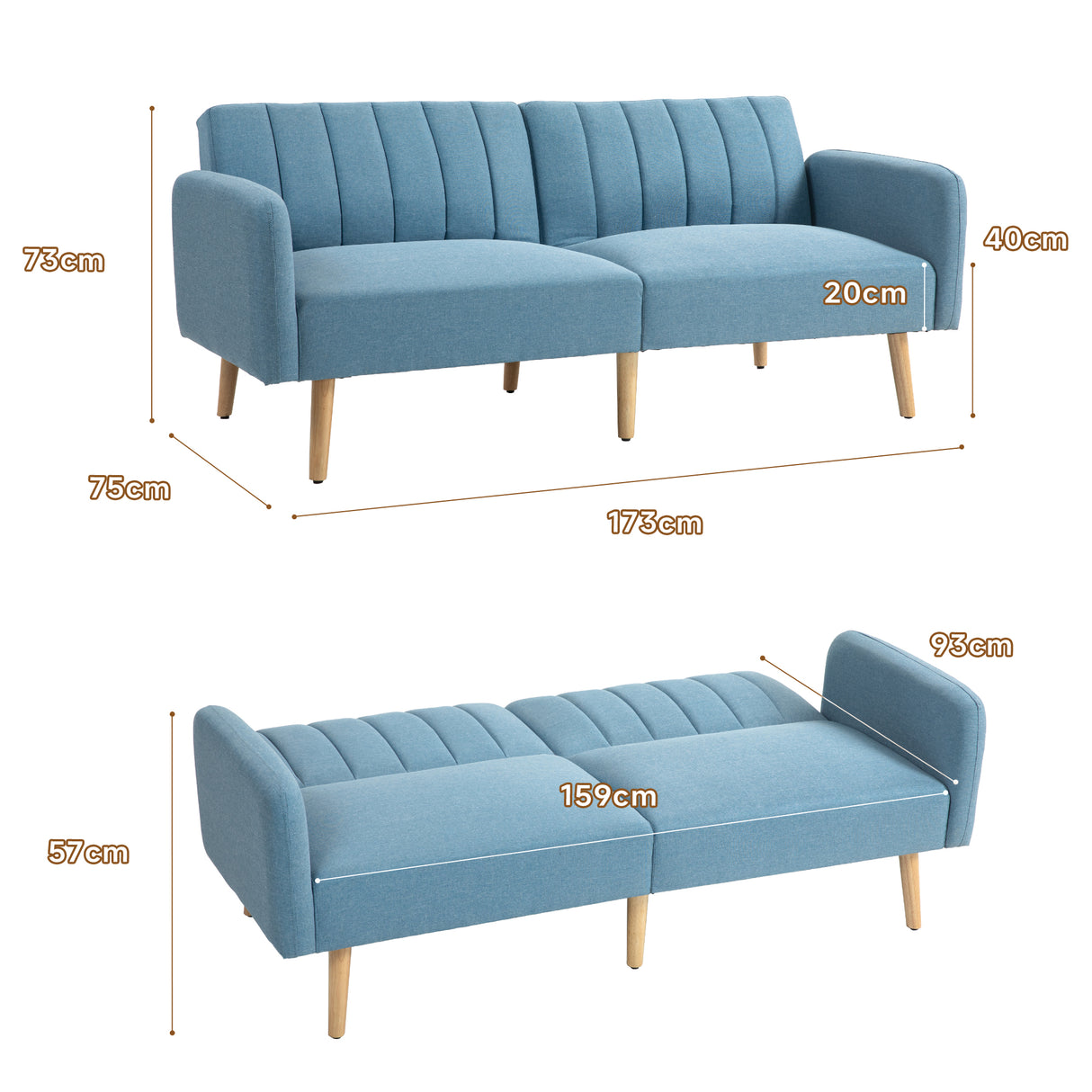 Sofá Cama de 2 Lugares com Encosto Ajustável - Azul Claro - Design Escandinavo