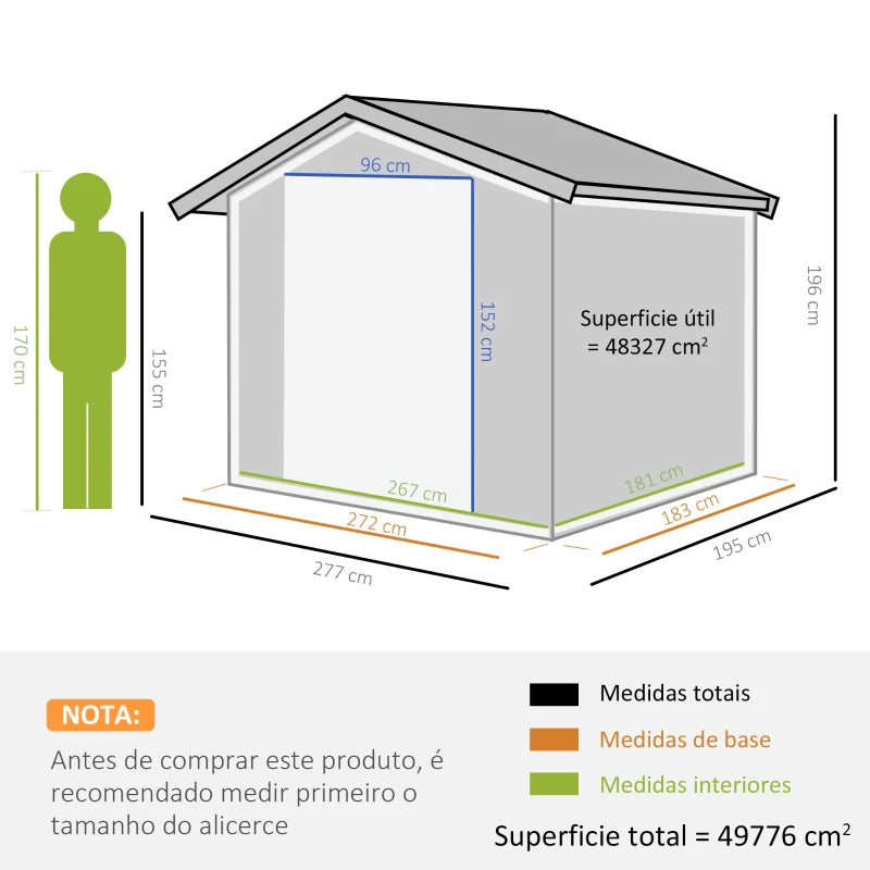 Abrigo de Jardim Exterior 4,83m² 277x195x192cm Abrigo e Jardim Metálico para Armazenamento de Ferramentas com Base Incluída e 4 Janelas Cinza