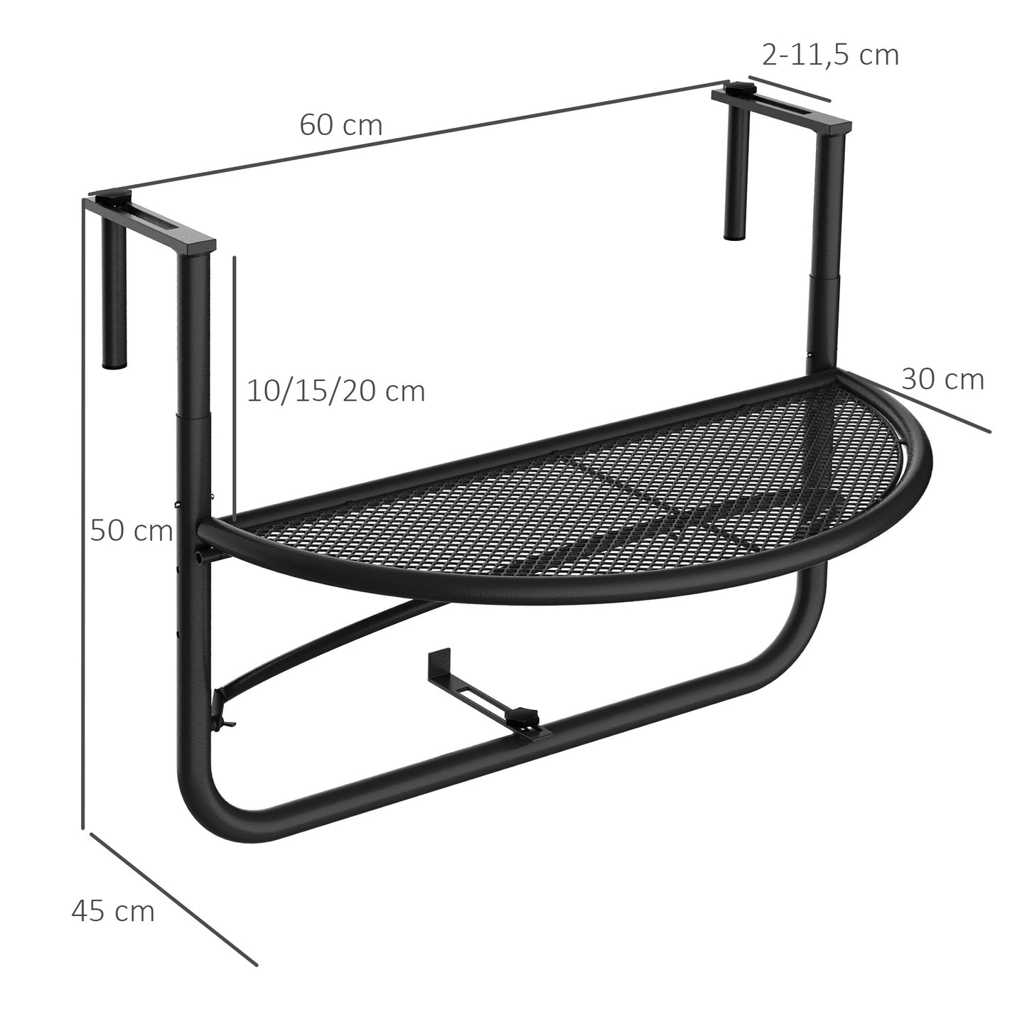 Outsunny Mesa de Suspensão de Varanda Semicircular 60x45x50 cm Ajustável