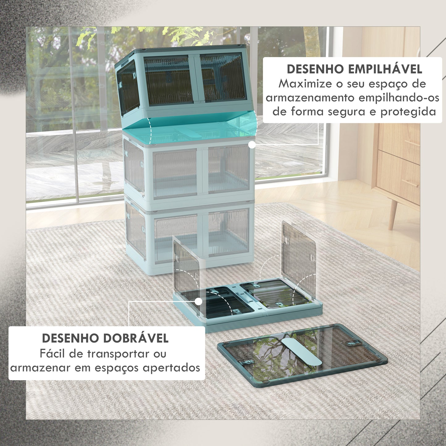 HOMCOM Caixa de Armazenamento Empilhável com Tampa 69L Caixa Organizadora Dobrável com Rodas Contentor de Plástico com Acesso a 5 Lados 60x42x34 cm Azul