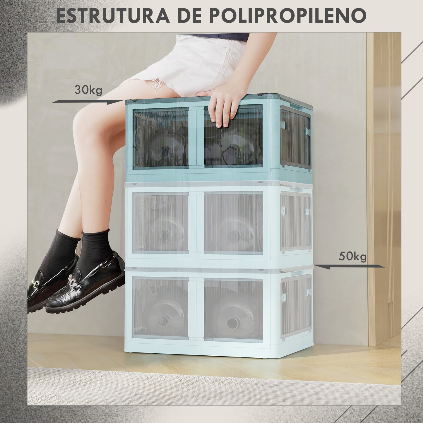 HOMCOM Caixa de Armazenamento Empilhável com Tampa 69L Caixa Organizadora Dobrável com Rodas Contentor de Plástico com Acesso a 5 Lados 60x42x34 cm Azul