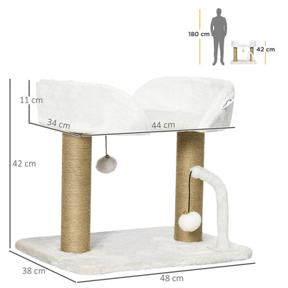 PawHut Arranhador para Gatos Pequenos Altura 42 cm Arranhador para Gatos com Cama Bolas Supensas e Postes de Juta 48x38x42 cm Branco