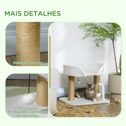 PawHut Arranhador para Gatos Pequenos Altura 42 cm Arranhador para Gatos com Cama Bolas Supensas e Postes de Juta 48x38x42 cm Branco