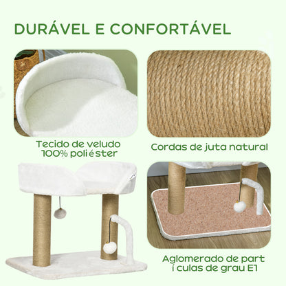 PawHut Arranhador para Gatos Pequenos Altura 42 cm Arranhador para Gatos com Cama Bolas Supensas e Postes de Juta 48x38x42 cm Branco