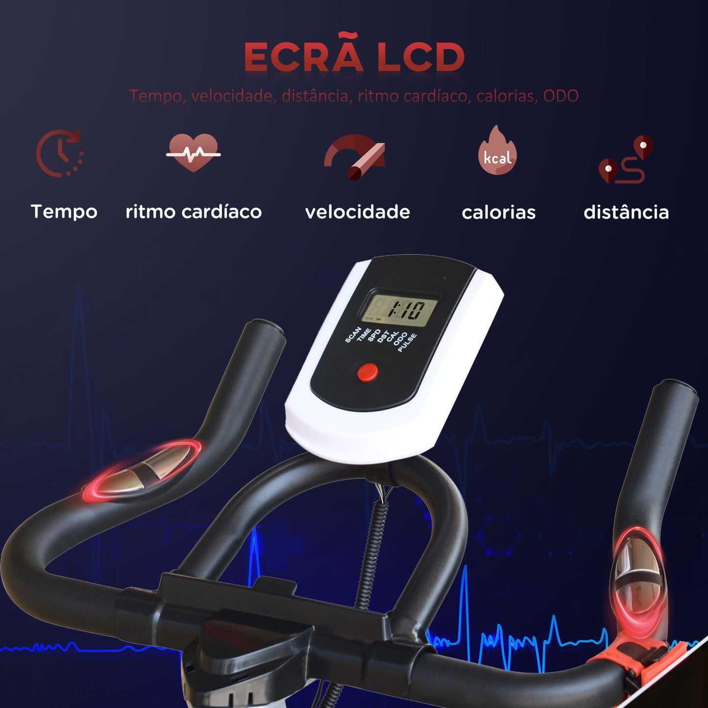 HOMCOM Bicicleta Estática com Resistência Ajustável Bicicleta Fitness com Volante de Inércia de 8kg Ecrã LCD Assento e Guiador Ajustáveis Suporte para Tablet 103x48x115cm Preto