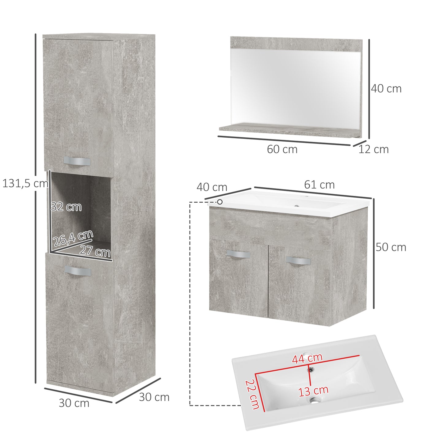 kleankin Conjunto de Móveis para Casa de Banho de Parede 3 Peças Inclui Espelho com Prateleira Móvel com Lavatório Cerâmico e Coluna de Casa de Banho Estilo Moderno Cinza