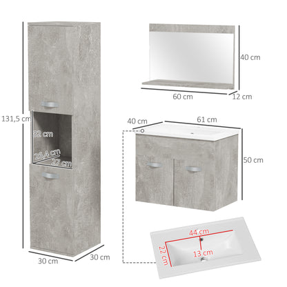 kleankin Conjunto de Móveis para Casa de Banho de Parede 3 Peças Inclui Espelho com Prateleira Móvel com Lavatório Cerâmico e Coluna de Casa de Banho Estilo Moderno Cinza