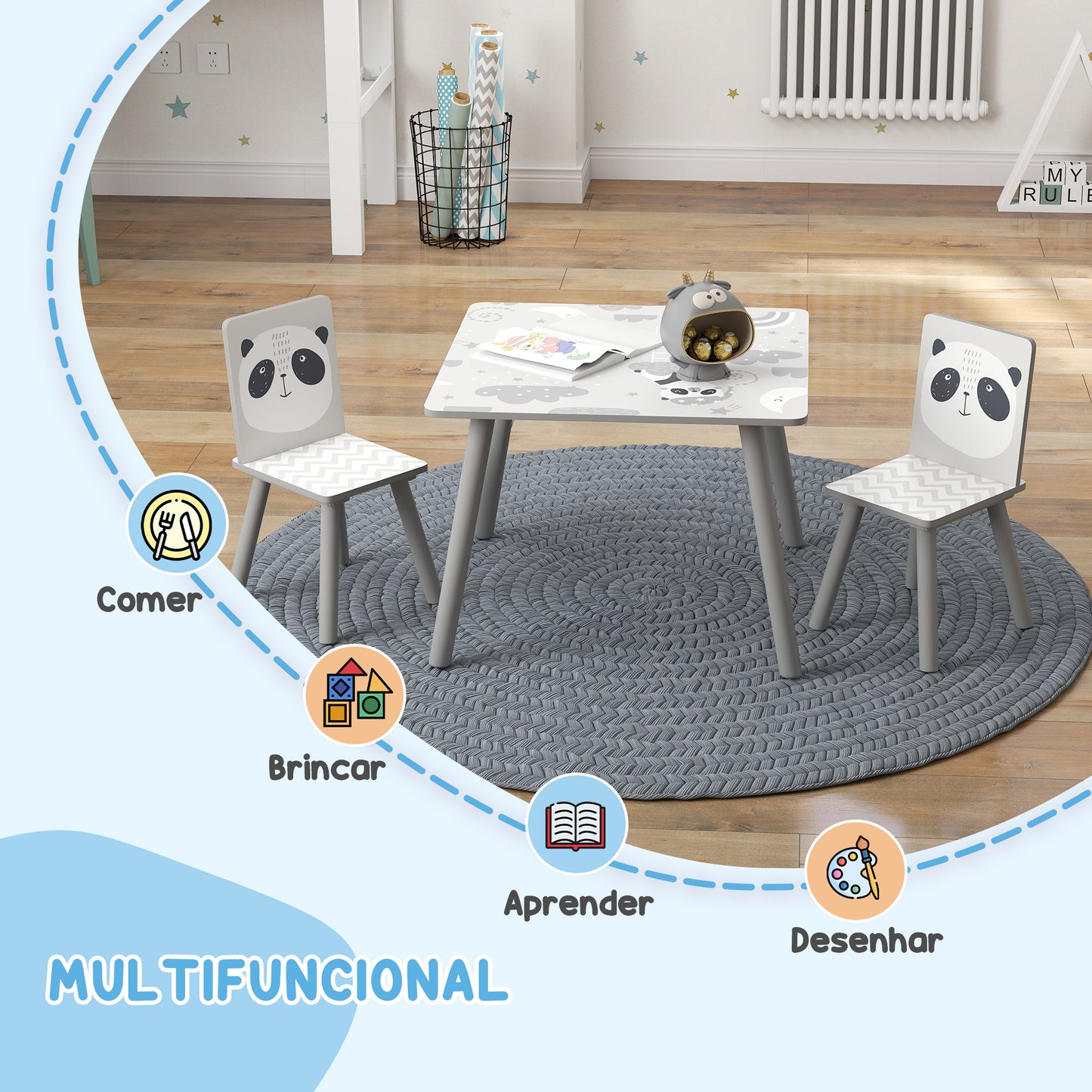 Conjunto de Mesa e Cadeiras para Crianças de 3 Peças Mesa Infantil com 2 Cadeiras Conjunto de Móveis para Atividades com Crianças de 3-8 Anos para Dormitório Sala de Jogos Cinza