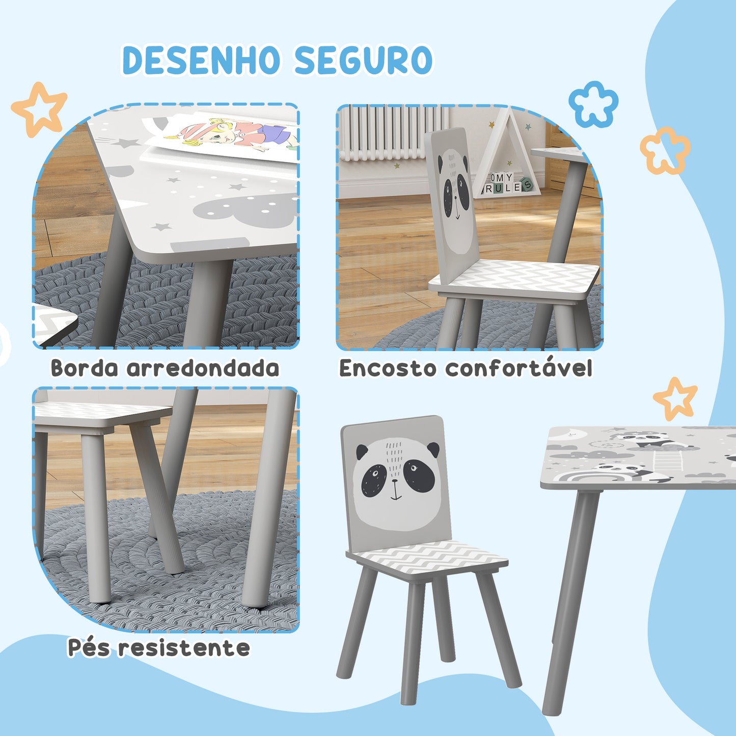 Conjunto de Mesa e Cadeiras para Crianças de 3 Peças Mesa Infantil com 2 Cadeiras Conjunto de Móveis para Atividades com Crianças de 3-8 Anos para Dormitório Sala de Jogos Cinza