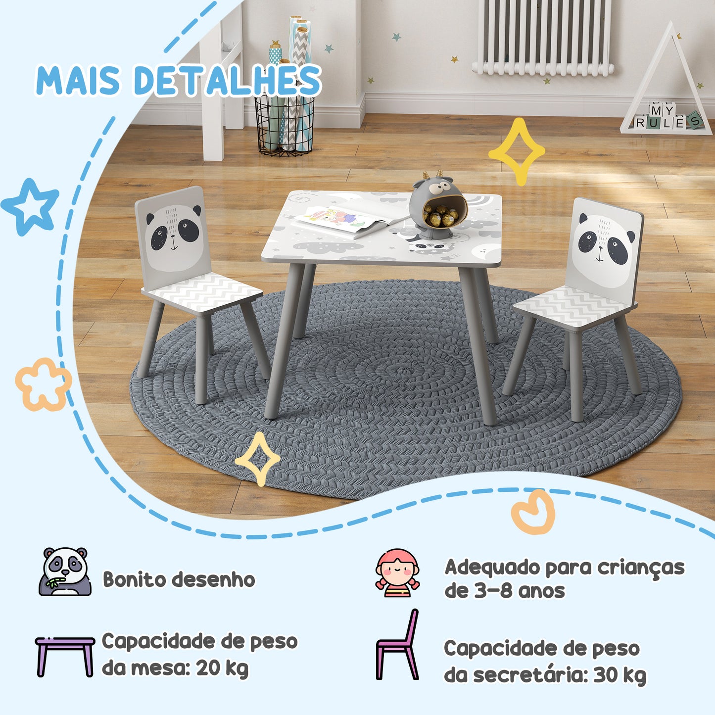 Conjunto de Mesa e Cadeiras para Crianças de 3 Peças Mesa Infantil com 2 Cadeiras Conjunto de Móveis para Atividades com Crianças de 3-8 Anos para Dormitório Sala de Jogos Cinza