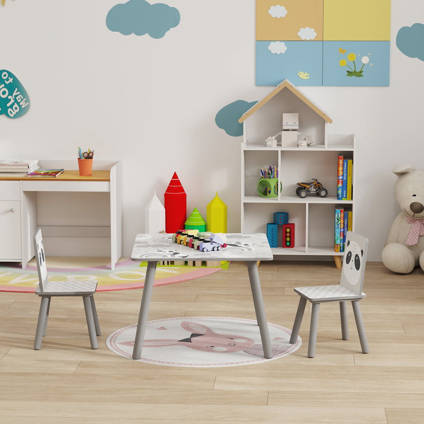 Conjunto de Mesa e Cadeiras para Crianças de 3 Peças Mesa Infantil com 2 Cadeiras Conjunto de Móveis para Atividades com Crianças de 3-8 Anos para Dormitório Sala de Jogos Cinza