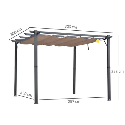 Outsunny Pérgola de Jardim 3x3 m com Toldo de Poliéster Retrátil e Estrutura de Alumínio para Exterior Pátio Cinza e Marrom