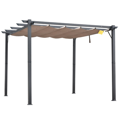 Outsunny Pérgola de Jardim 3x3 m com Toldo de Poliéster Retrátil e Estrutura de Alumínio para Exterior Pátio Cinza e Marrom