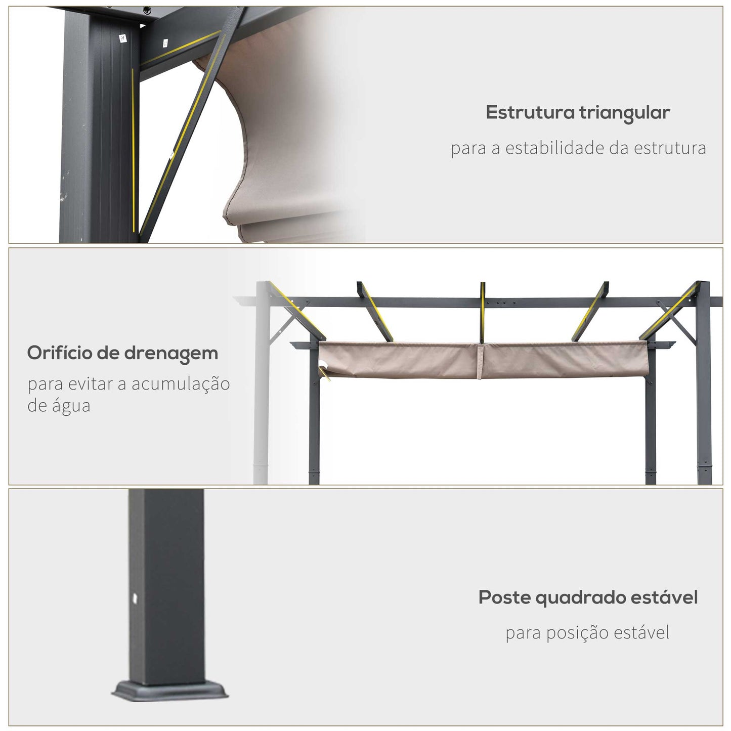 Outsunny Pérgola de Jardim 3x3 m com Toldo de Poliéster Retrátil e Estrutura de Alumínio para Exterior Pátio Cinza e Marrom