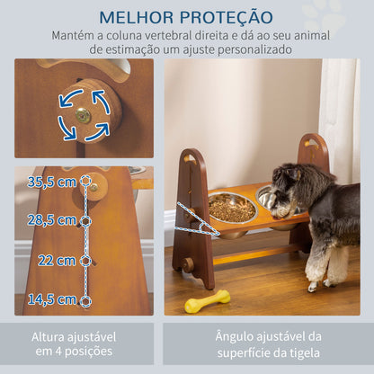 PawHut Comedouro Elevado para Cães com 2 Tigelas de 1250ml e Altura Ajustável em 4 Níveis Comedouro para Animais de Estimação com Tigelas de Aço Inoxidável e Base Antiderrapante 49x25x41cm Marrom