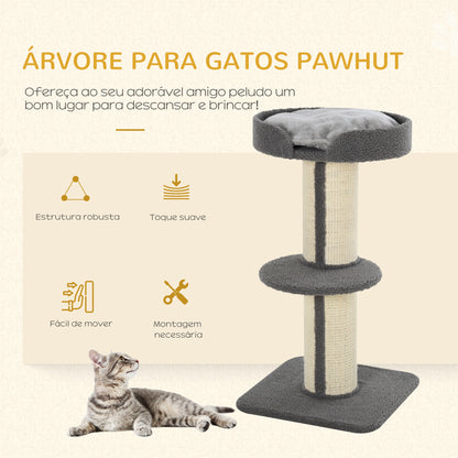 PawHut Arranhador para Gatos Altura 91 cm Arranhador para Gatos de 3 Níveis com Ninho Plataforma e Poste de Sisal 45x45x91 cm Cinza