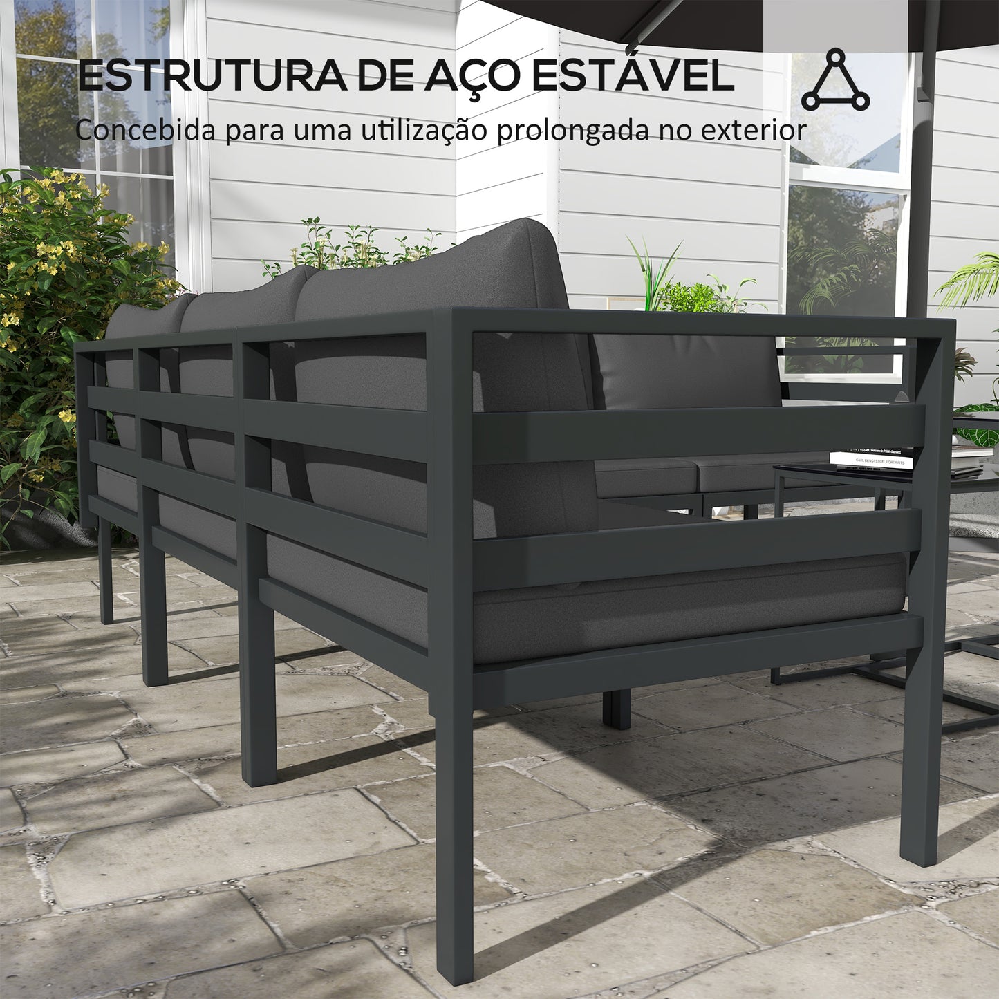 Outsunny Conjunto de Móveis de Jardim 7 Peças Conjunto de Móveis de Terraço Inclui 4 Sofás de Exterior 1 Sofá de Canto e 2 Mesas de Centro com Almofadas para Pátio Cinza