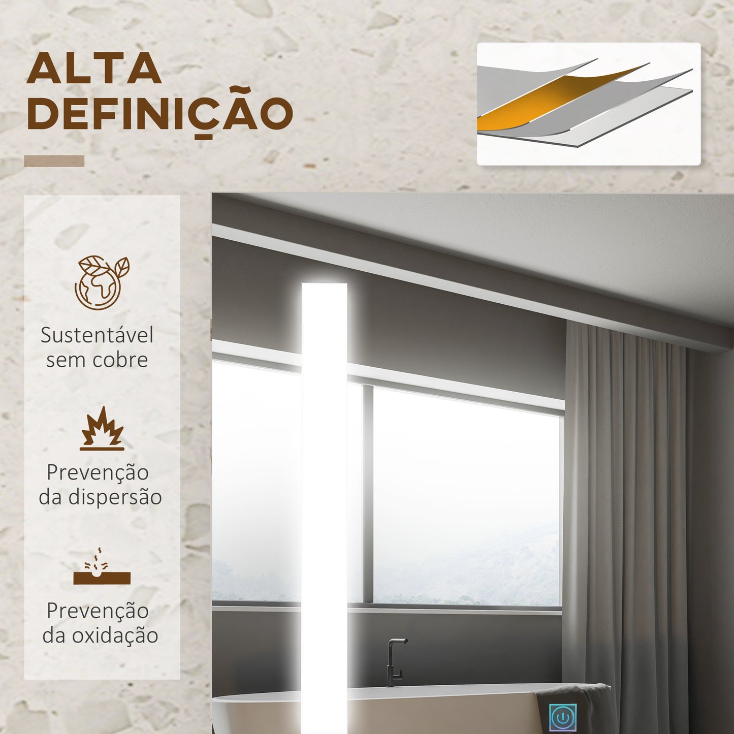 kleankin Armário Casa de Banho com Espelho e Luz LED Móvel Casa de Banho de Parede com 2 Portas Prateleira Ajustável Interruptor Tátil e Cor da Luz Ajustável 70x15x70 cm Marrom Rústico